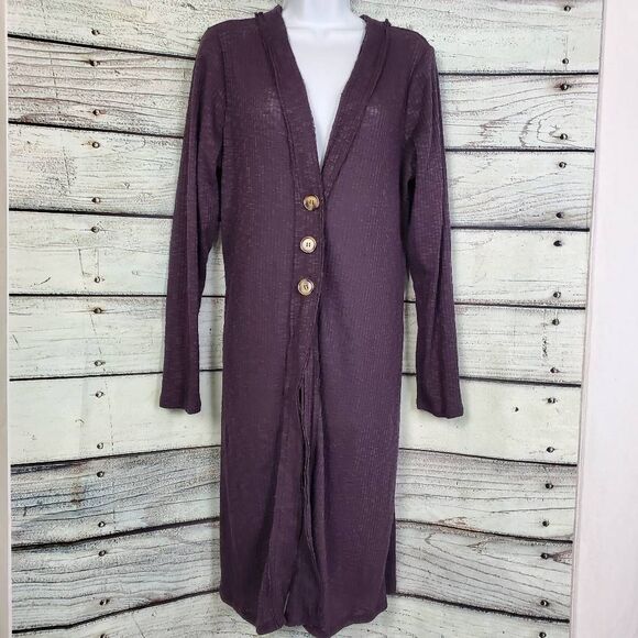 C Brand Longline Duster Cardigan L Plum Purple Ribbed Knit Button Front - Picture 1 of 7